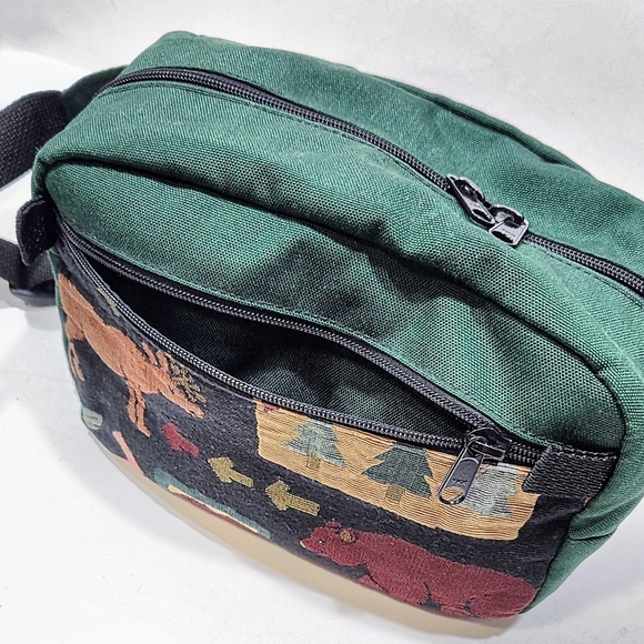 Vintage Fanny Waist Pack Crossbody Bag Green Cordura Moose Bear Tapestry Med Lrg - Picture 5 of 11